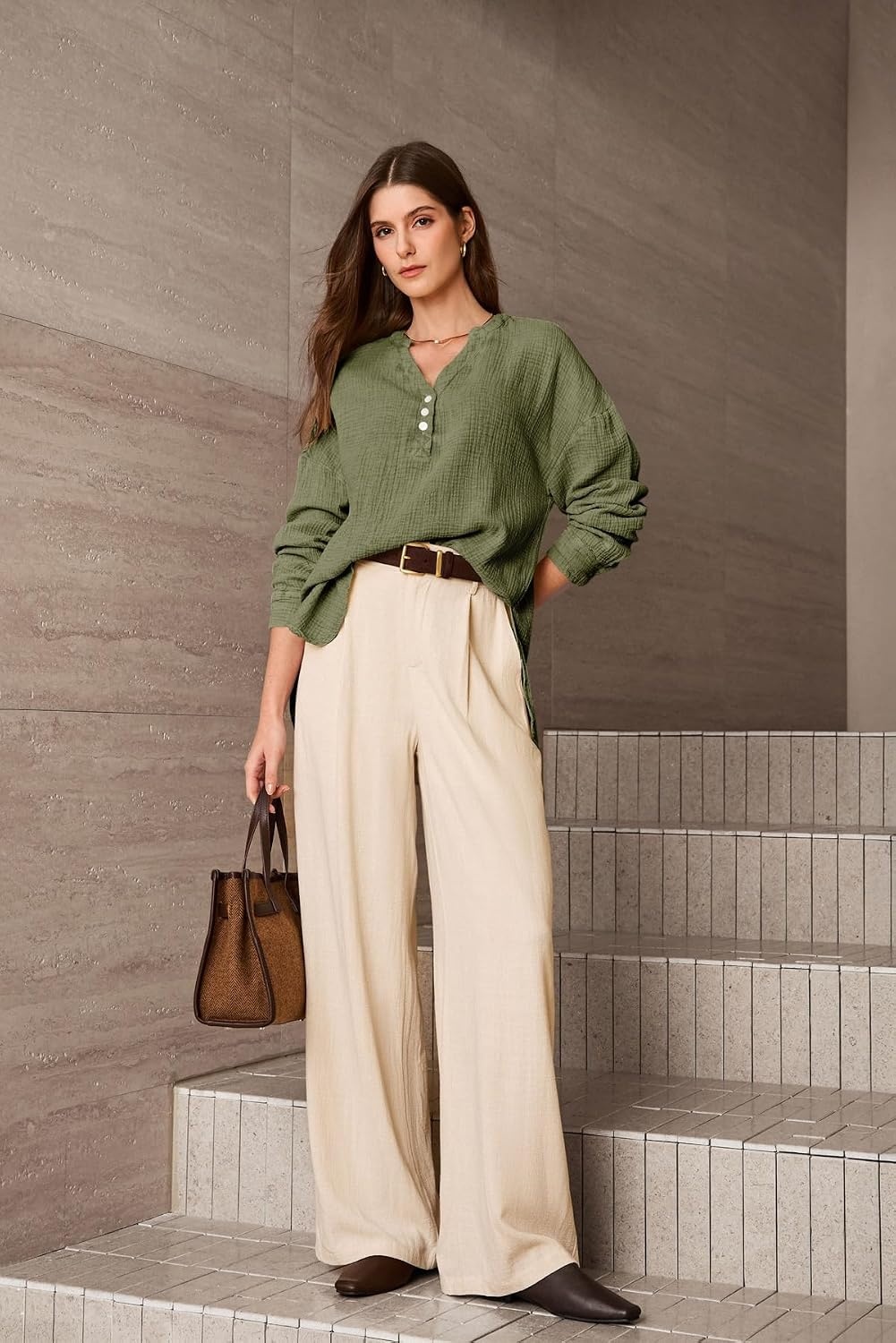 image:imageDokotoo Long Sleeve Shirts for Women Casual V Neck Oversized Blouses TopsDark Green