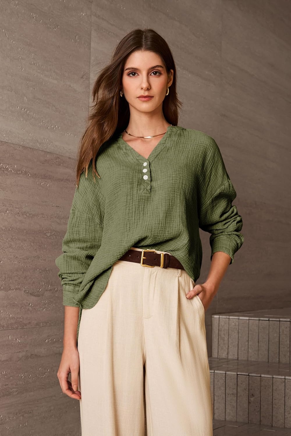 image:imageDokotoo Long Sleeve Shirts for Women Casual V Neck Oversized Blouses TopsDark Green