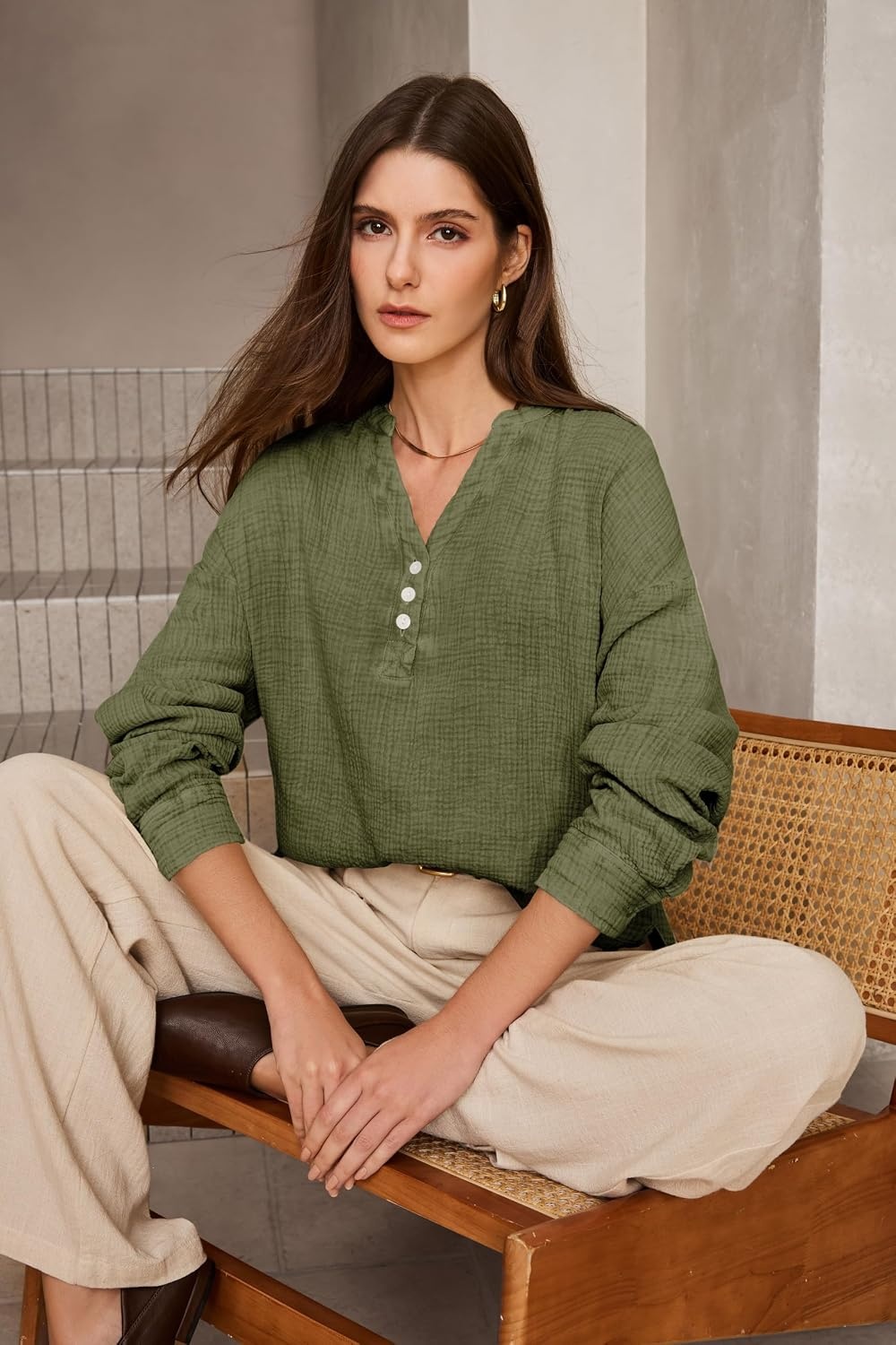 image:imageDokotoo Long Sleeve Shirts for Women Casual V Neck Oversized Blouses TopsDark Green