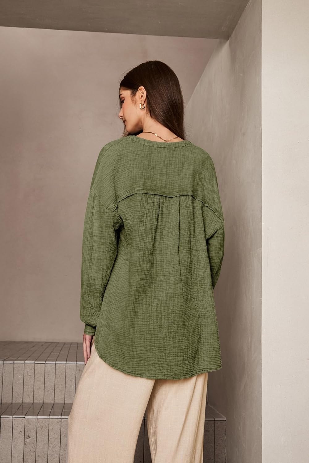 image:imageDokotoo Long Sleeve Shirts for Women Casual V Neck Oversized Blouses TopsDark Green