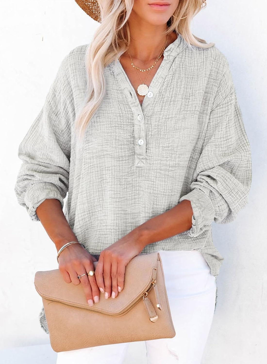 image:imageDokotoo Long Sleeve Shirts for Women Casual V Neck Oversized Blouses TopsGray