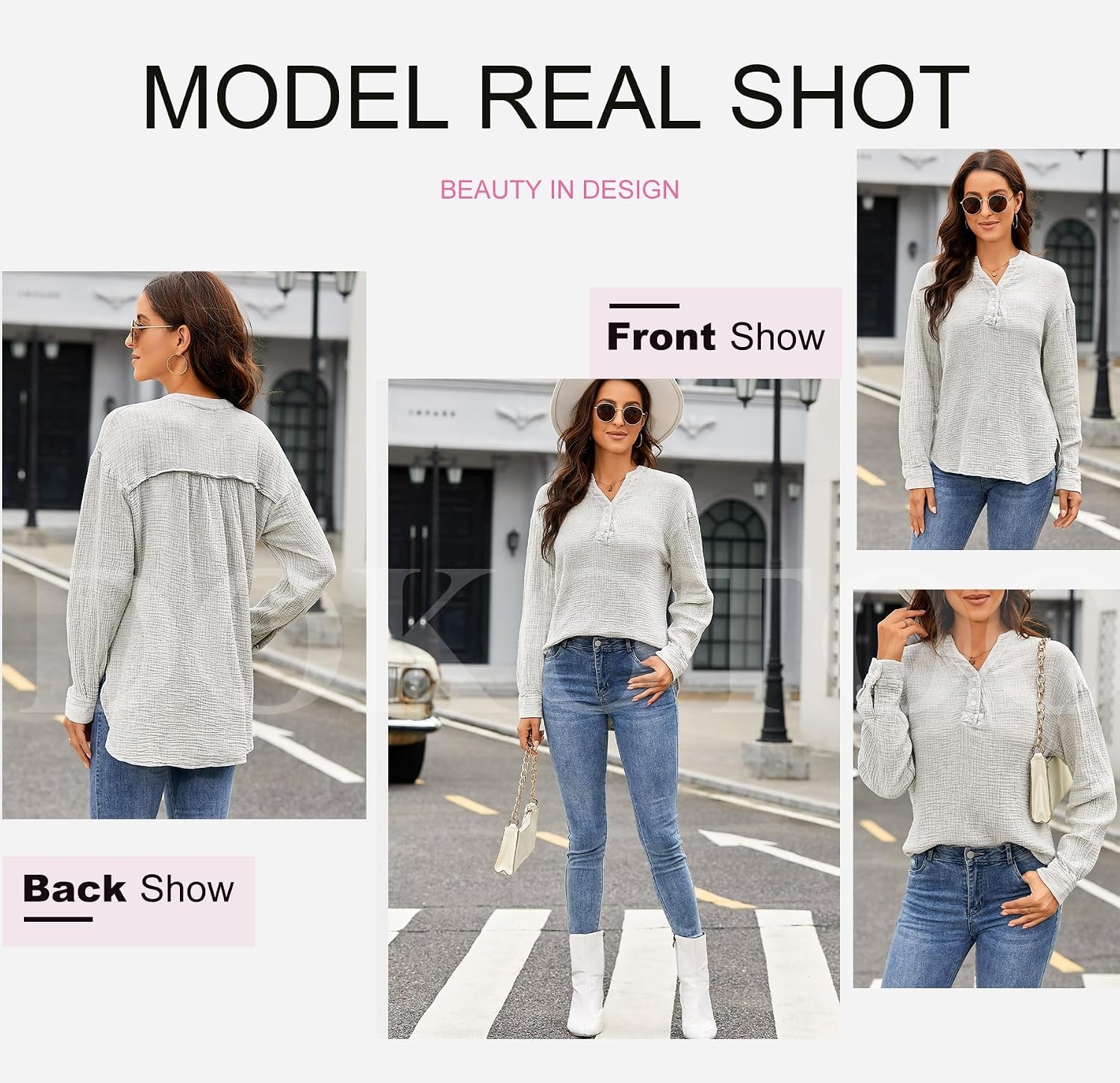 image:imageDokotoo Long Sleeve Shirts for Women Casual V Neck Oversized Blouses TopsGray