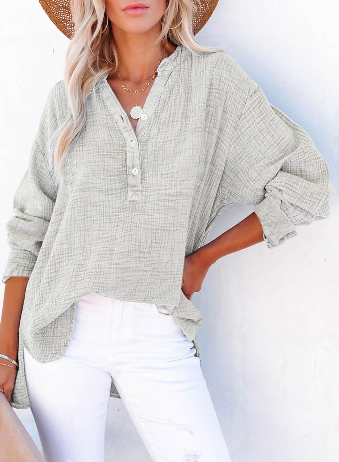 image:imageDokotoo Long Sleeve Shirts for Women Casual V Neck Oversized Blouses TopsGray