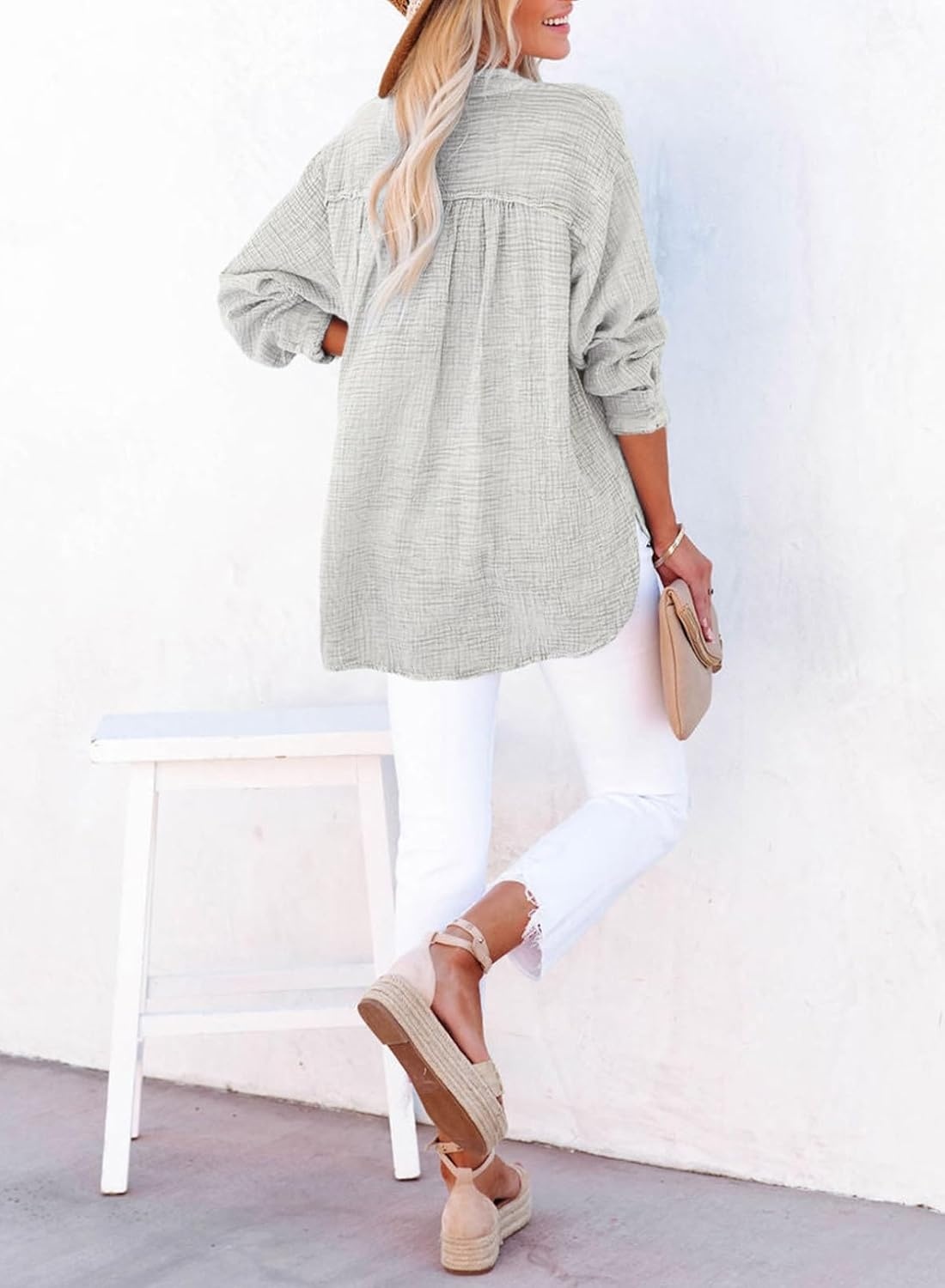 image:imageDokotoo Long Sleeve Shirts for Women Casual V Neck Oversized Blouses TopsGray