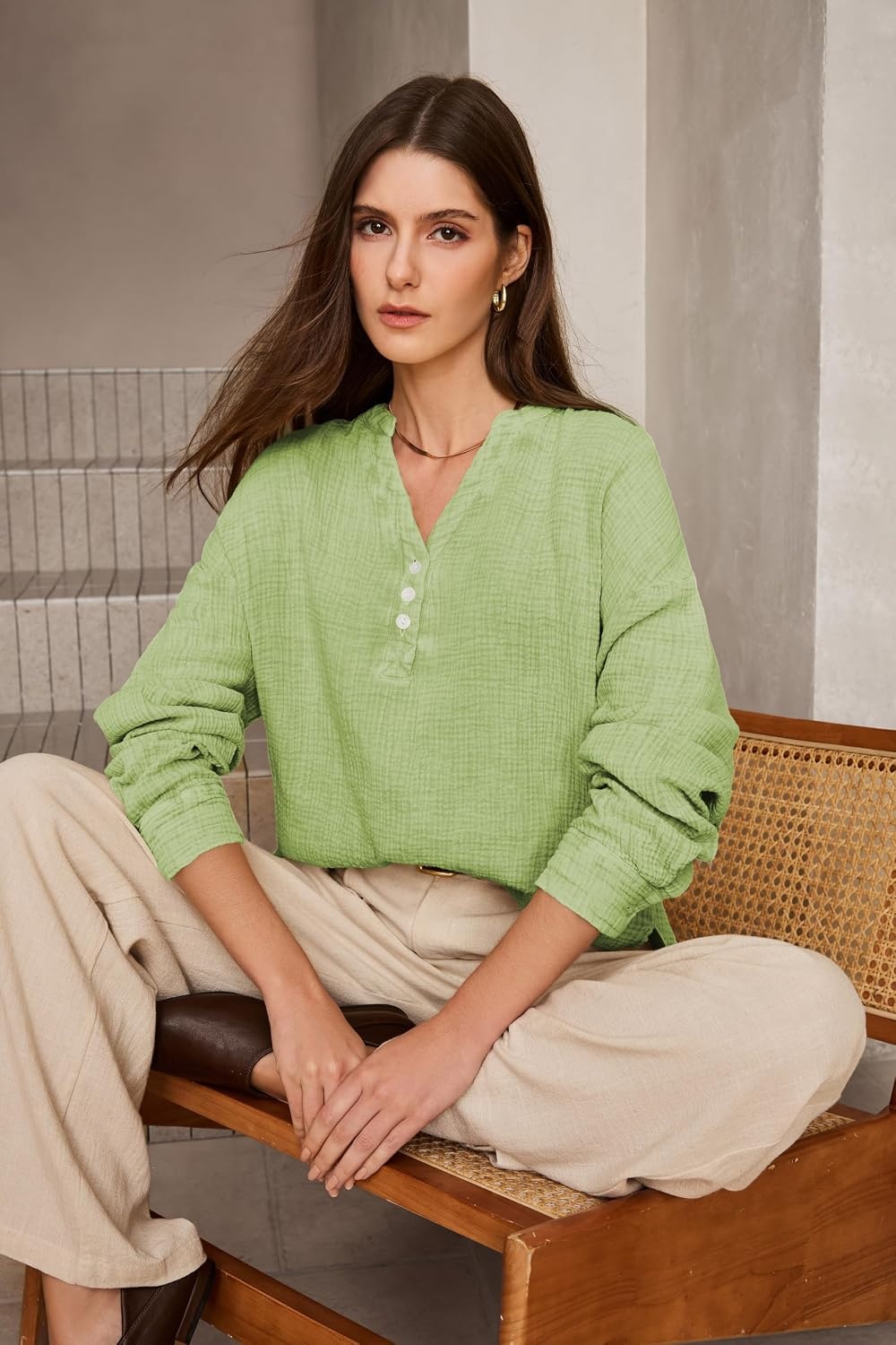 image:imageDokotoo Long Sleeve Shirts for Women Casual V Neck Oversized Blouses TopsGreen