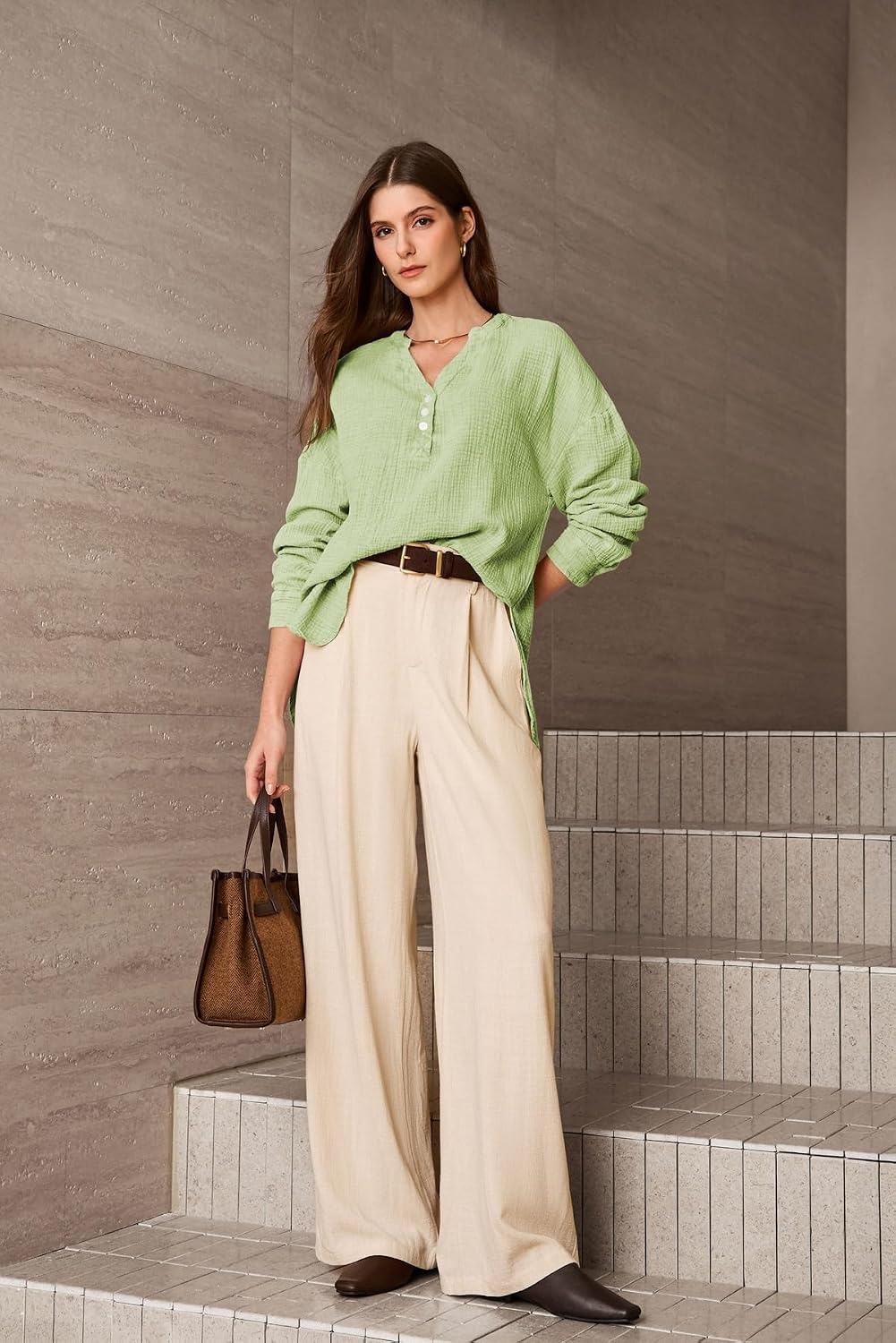 image:imageDokotoo Long Sleeve Shirts for Women Casual V Neck Oversized Blouses TopsGreen