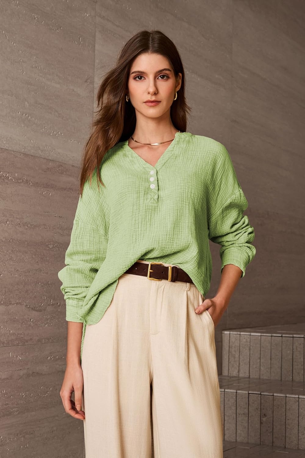 image:imageDokotoo Long Sleeve Shirts for Women Casual V Neck Oversized Blouses TopsGreen
