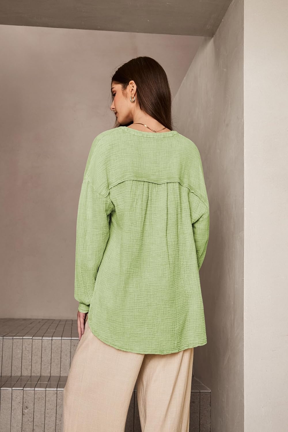 image:imageDokotoo Long Sleeve Shirts for Women Casual V Neck Oversized Blouses TopsGreen