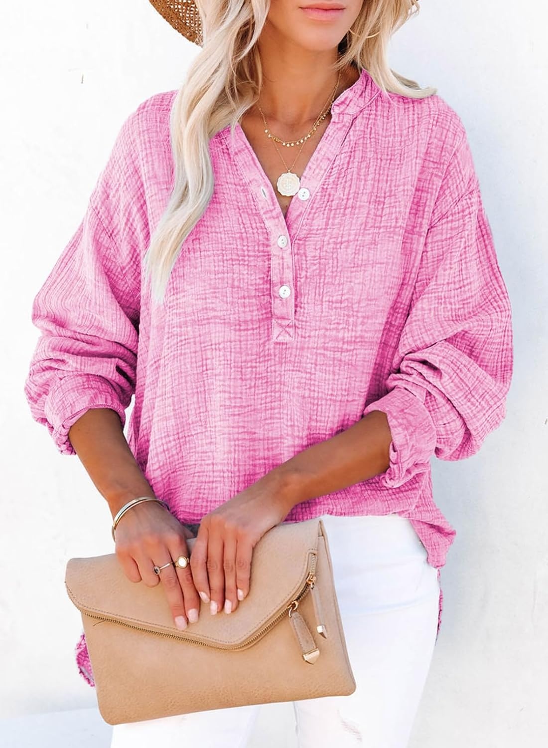 image:imageDokotoo Long Sleeve Shirts for Women Casual V Neck Oversized Blouses TopsLight Pink