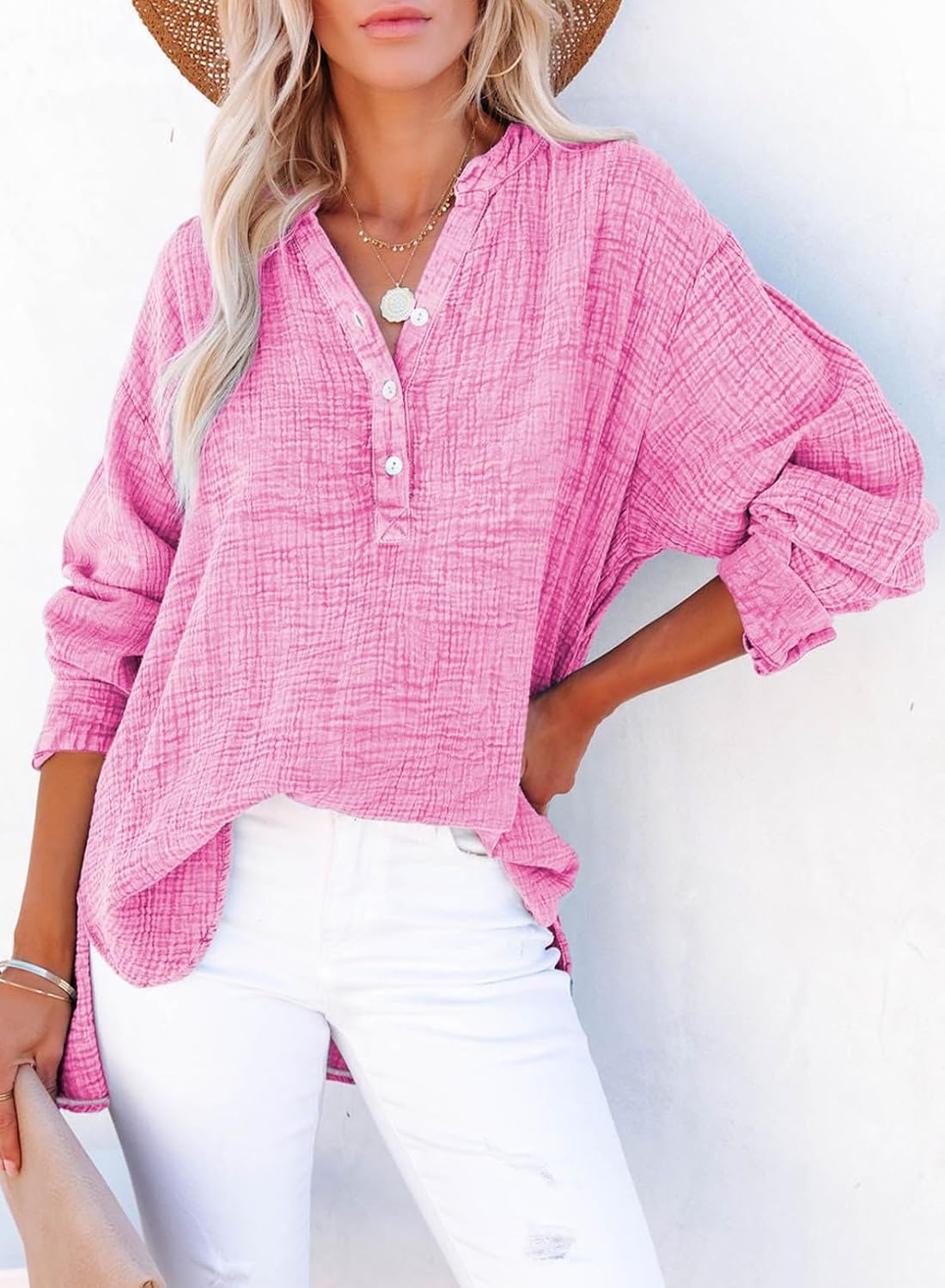 image:imageDokotoo Long Sleeve Shirts for Women Casual V Neck Oversized Blouses TopsLight Pink