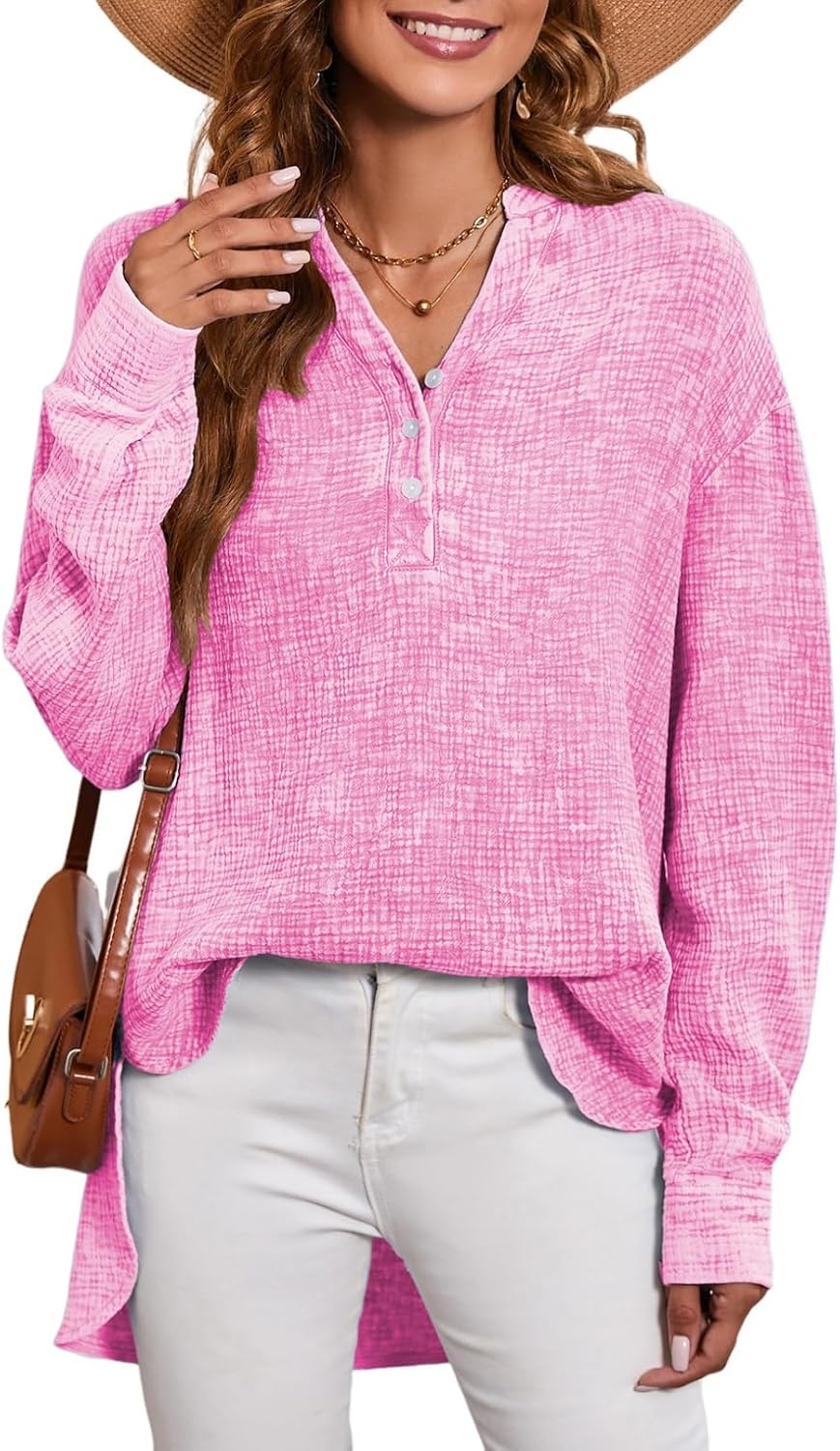 image:imageDokotoo Long Sleeve Shirts for Women Casual V Neck Oversized Blouses TopsLight Pink