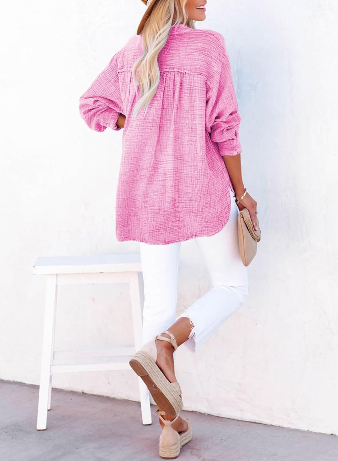 image:imageDokotoo Long Sleeve Shirts for Women Casual V Neck Oversized Blouses TopsLight Pink