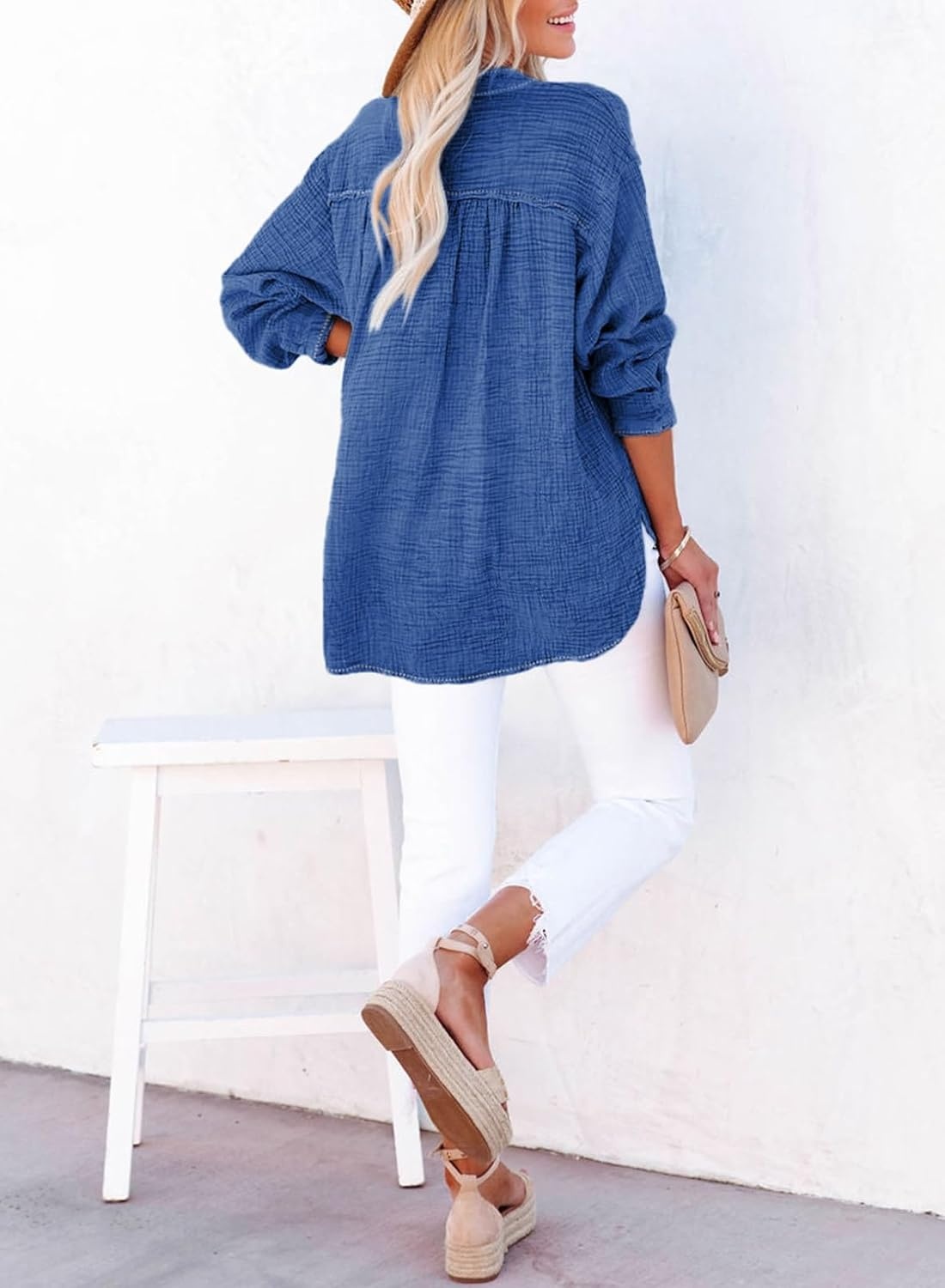 image:imageDokotoo Long Sleeve Shirts for Women Casual V Neck Oversized Blouses TopsNavy Blue
