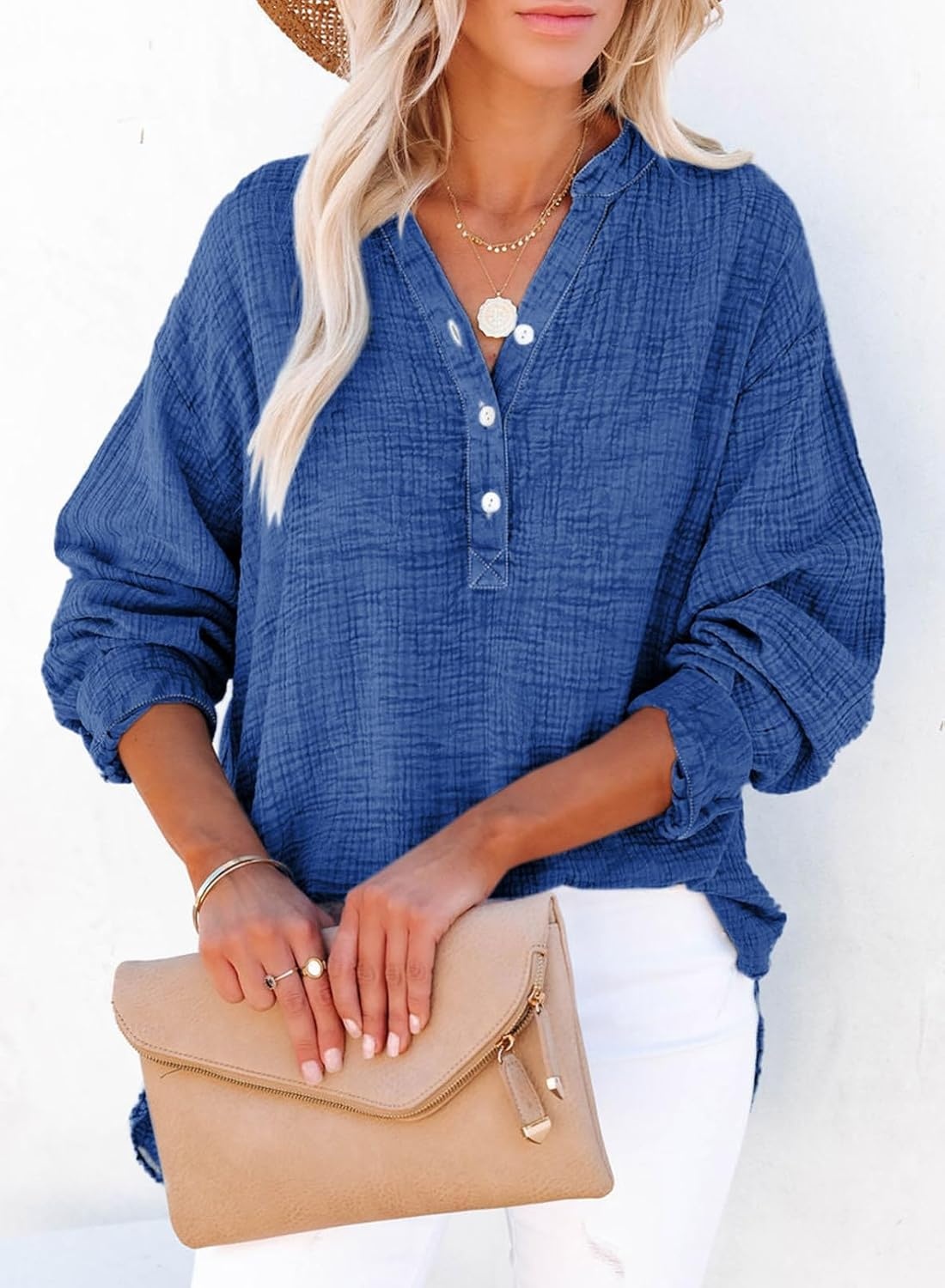 image:imageDokotoo Long Sleeve Shirts for Women Casual V Neck Oversized Blouses TopsNavy Blue