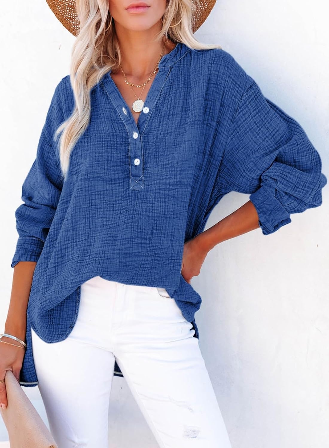 image:imageDokotoo Long Sleeve Shirts for Women Casual V Neck Oversized Blouses TopsNavy Blue