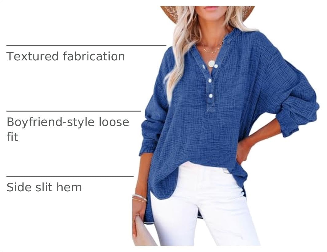 image:imageDokotoo Long Sleeve Shirts for Women Casual V Neck Oversized Blouses TopsNavy Blue