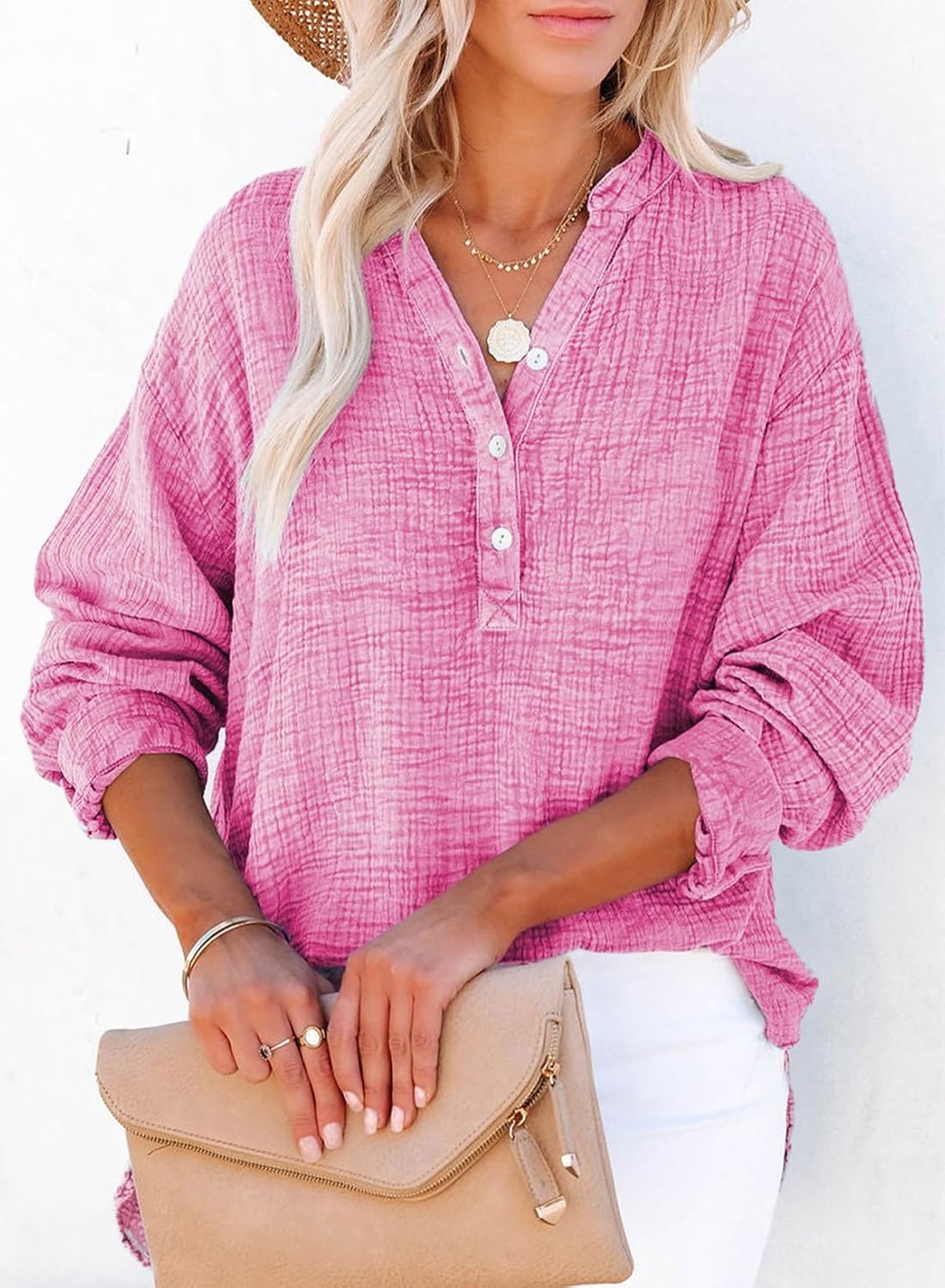 image:imageDokotoo Long Sleeve Shirts for Women Casual V Neck Oversized Blouses TopsPink