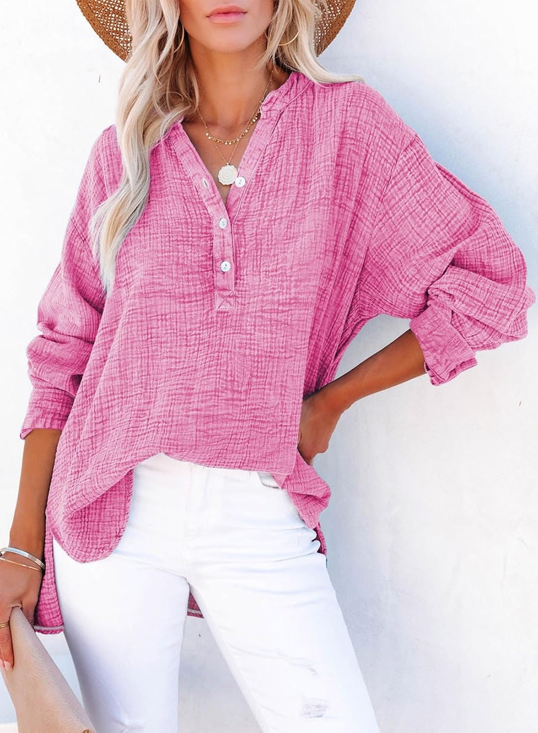 image:imageDokotoo Long Sleeve Shirts for Women Casual V Neck Oversized Blouses TopsPink