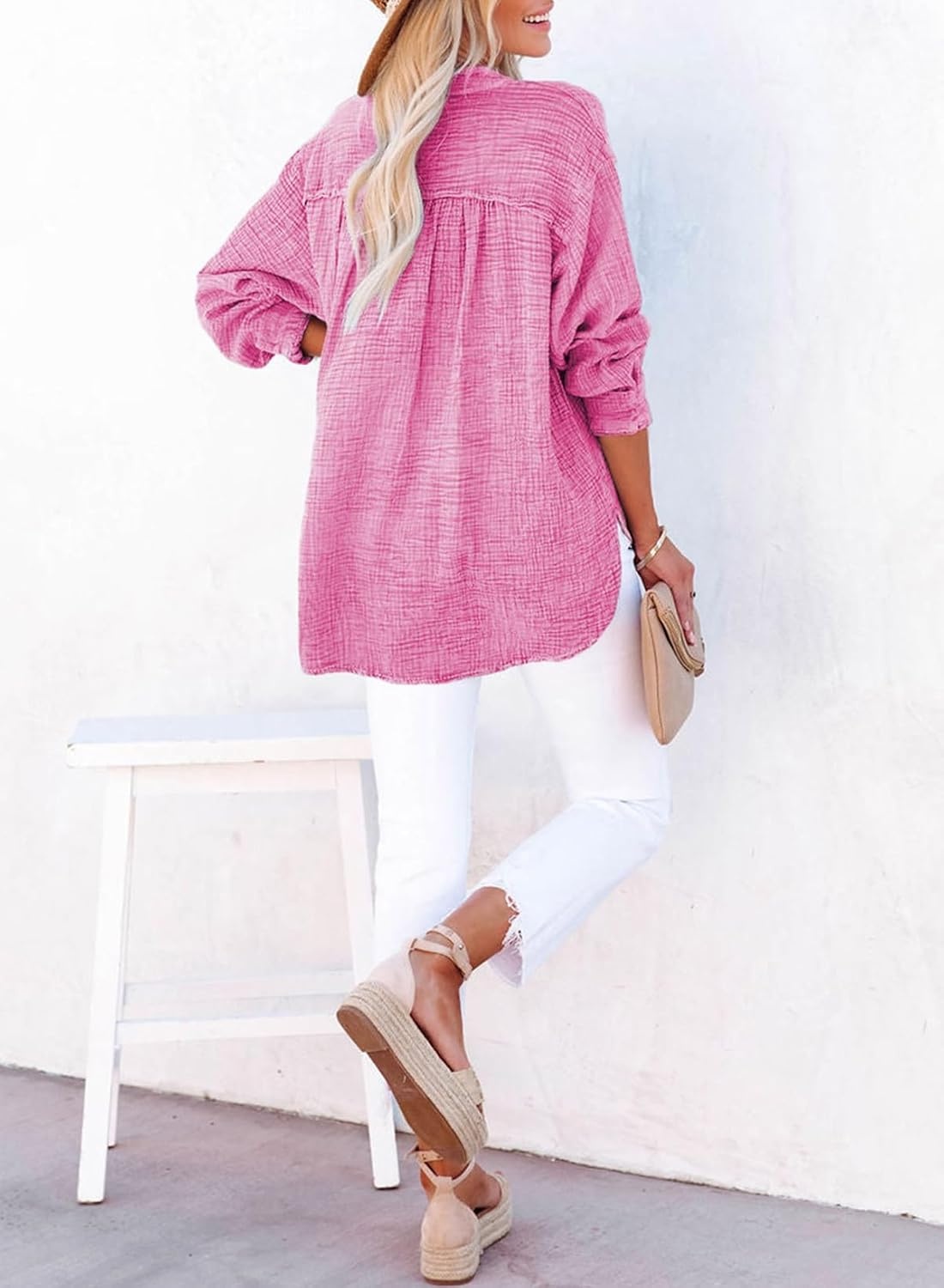 image:imageDokotoo Long Sleeve Shirts for Women Casual V Neck Oversized Blouses TopsPink