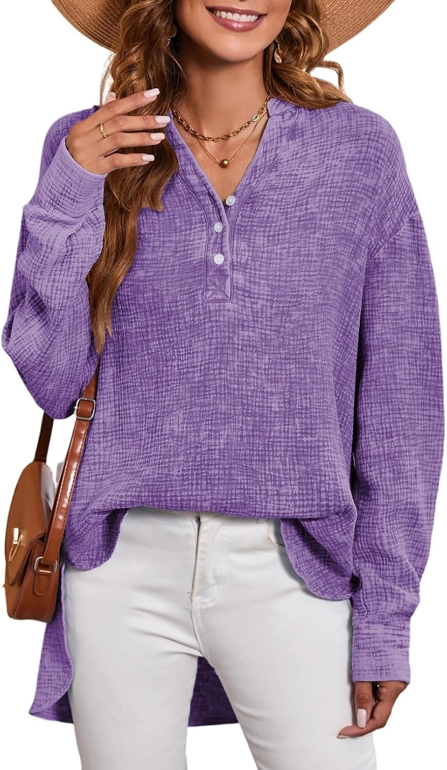 image:imageDokotoo Long Sleeve Shirts for Women Casual V Neck Oversized Blouses TopsPurple