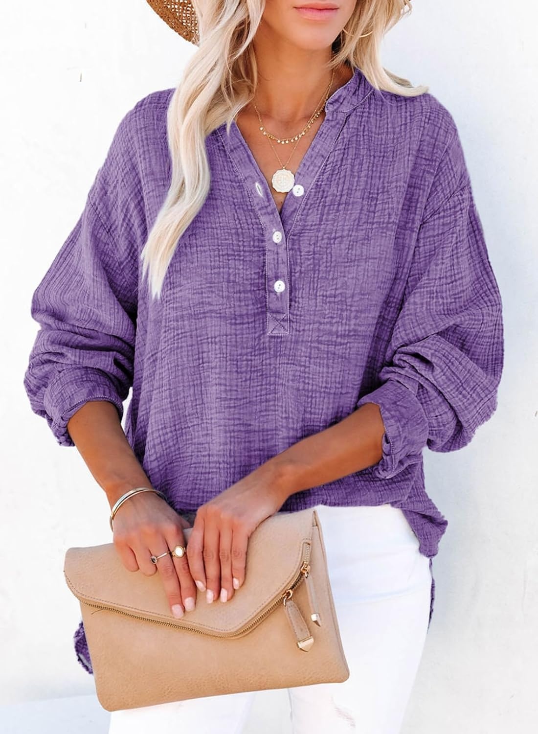 image:imageDokotoo Long Sleeve Shirts for Women Casual V Neck Oversized Blouses TopsPurple