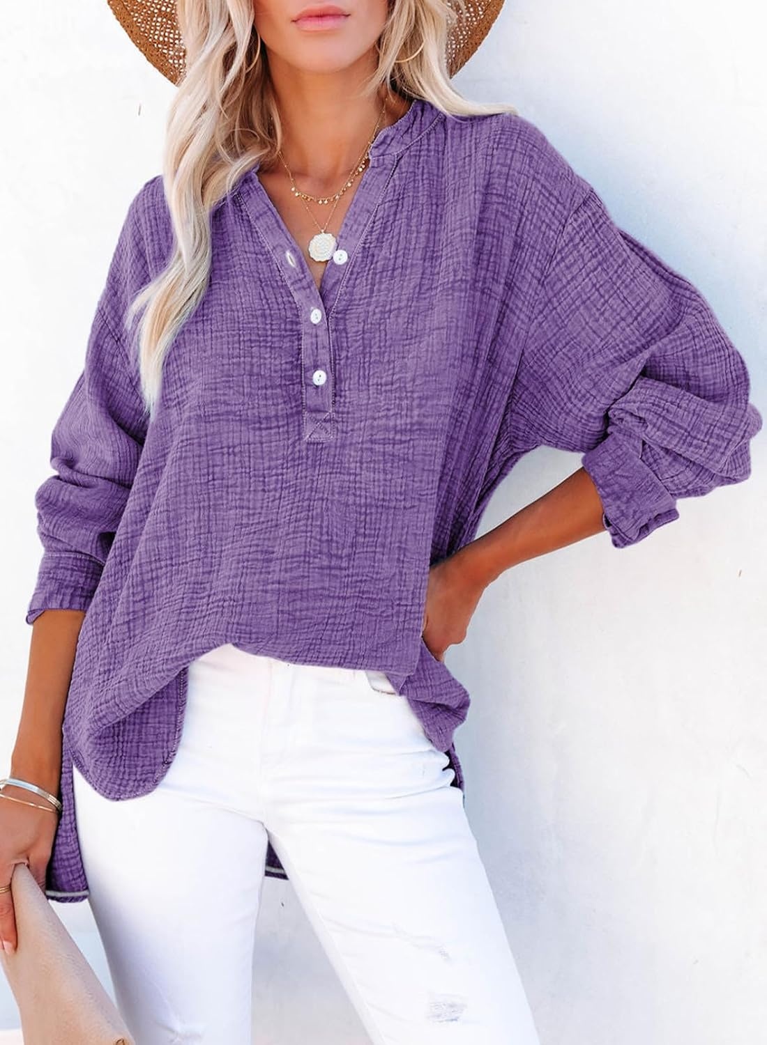 image:imageDokotoo Long Sleeve Shirts for Women Casual V Neck Oversized Blouses TopsPurple