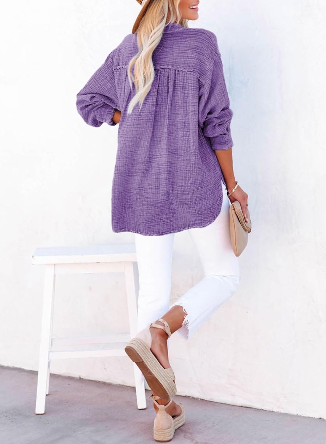 image:imageDokotoo Long Sleeve Shirts for Women Casual V Neck Oversized Blouses TopsPurple