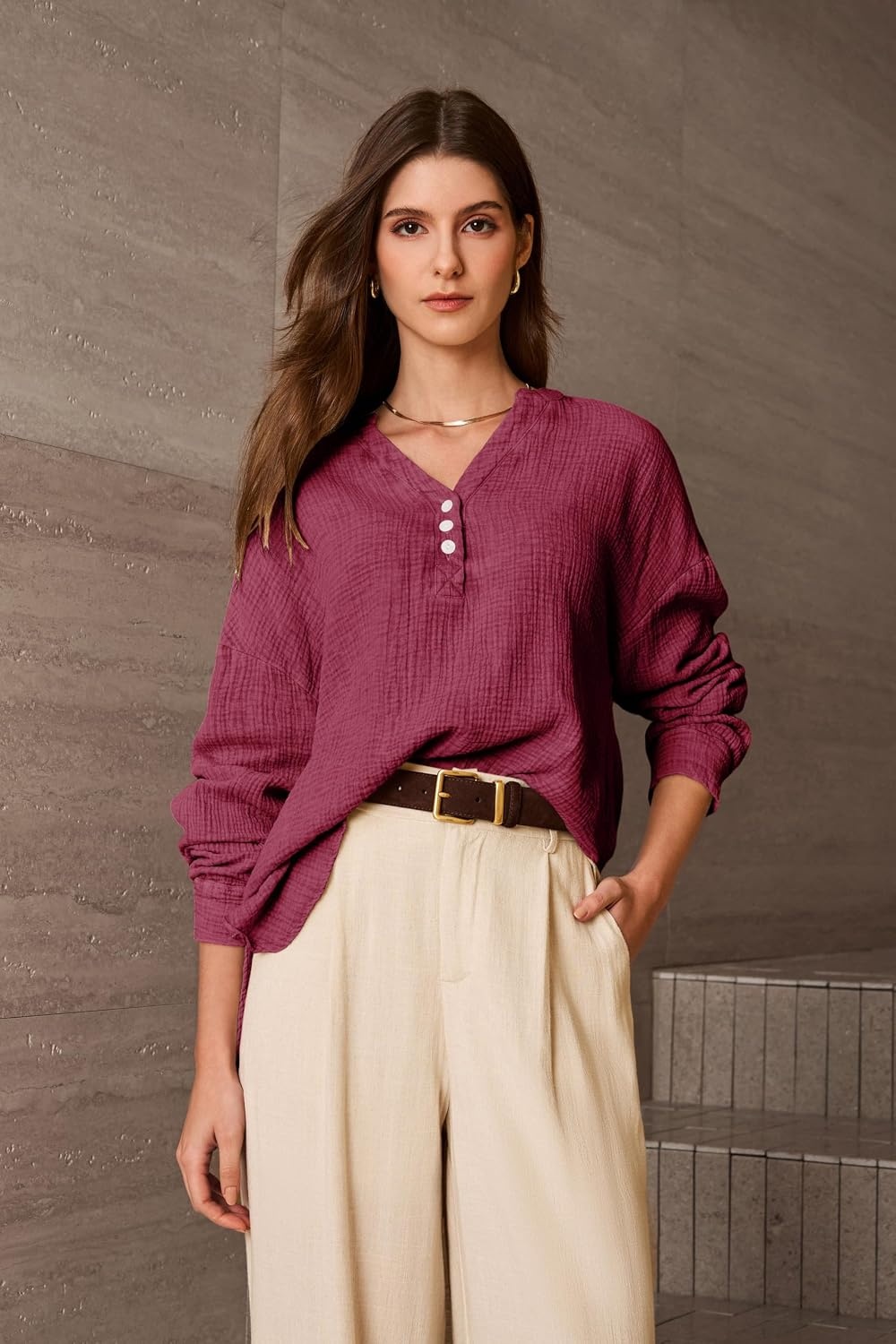 image:imageDokotoo Long Sleeve Shirts for Women Casual V Neck Oversized Blouses TopsRed