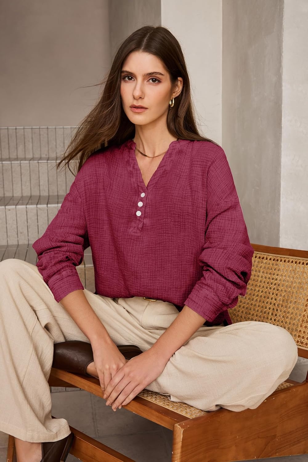 image:imageDokotoo Long Sleeve Shirts for Women Casual V Neck Oversized Blouses TopsRed