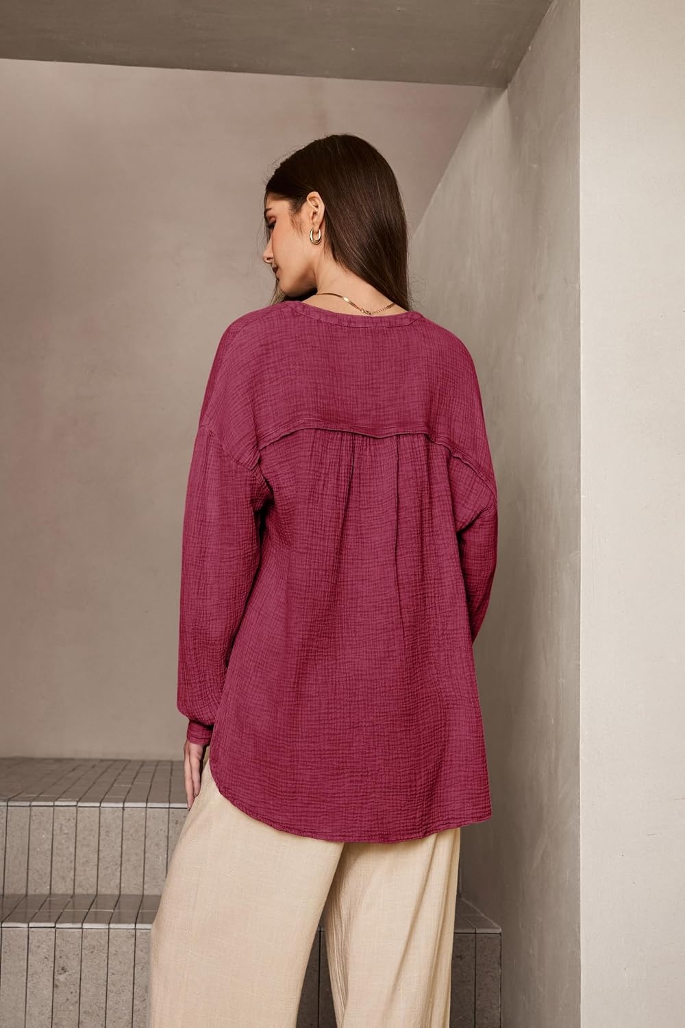 image:imageDokotoo Long Sleeve Shirts for Women Casual V Neck Oversized Blouses TopsRed
