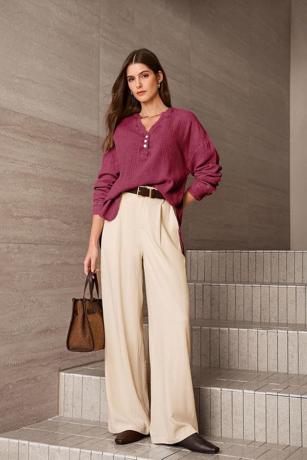 image:imageDokotoo Long Sleeve Shirts for Women Casual V Neck Oversized Blouses TopsRed