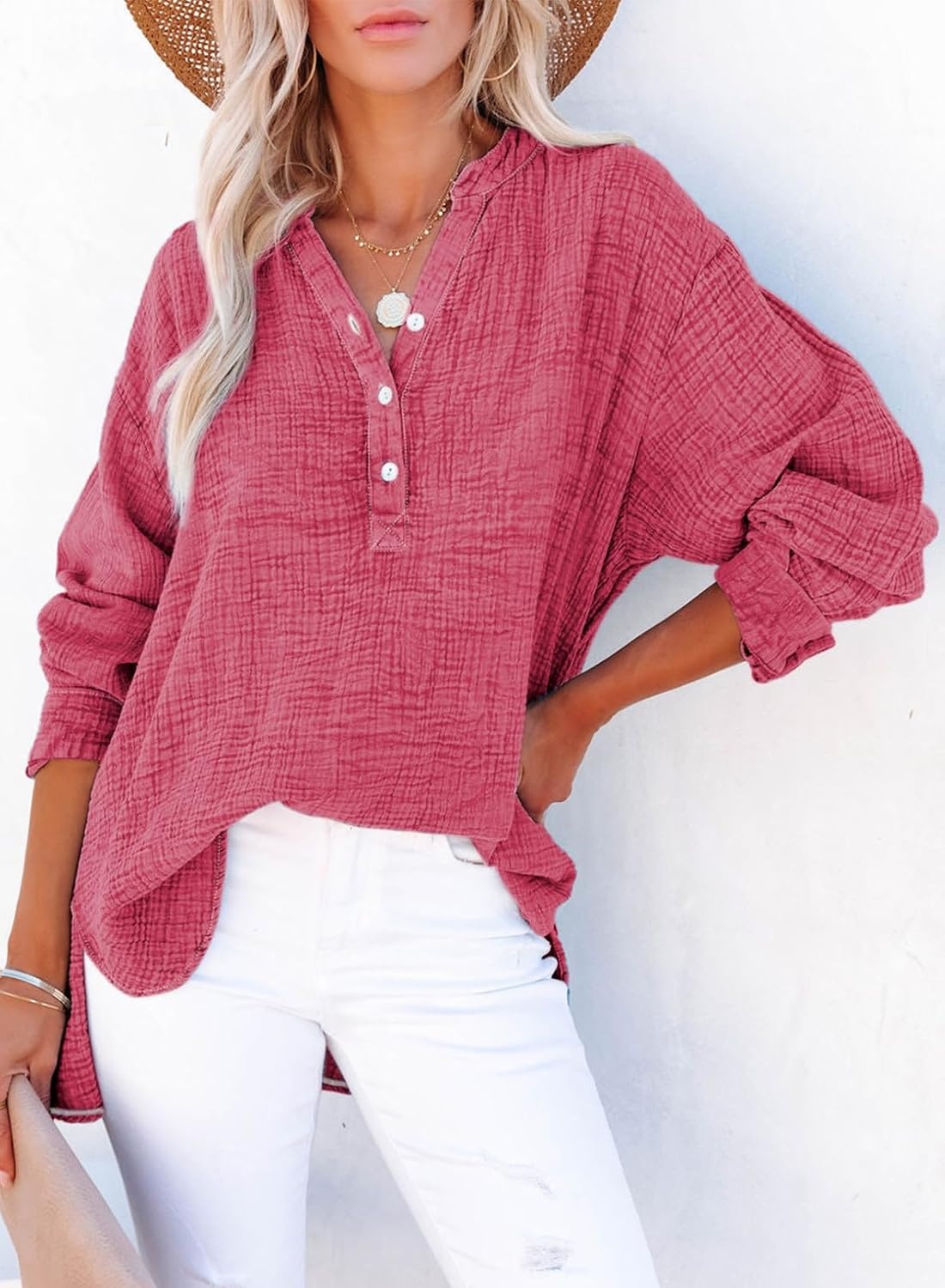 image:imageDokotoo Long Sleeve Shirts for Women Casual V Neck Oversized Blouses TopsRose Red