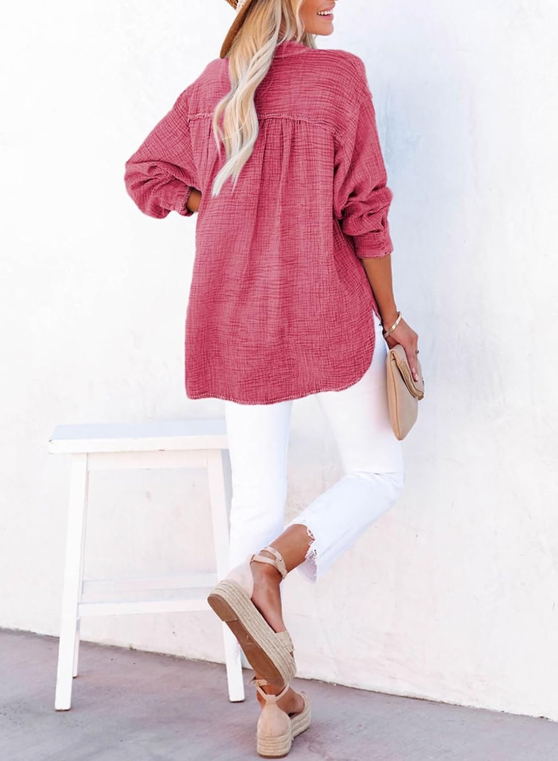 image:imageDokotoo Long Sleeve Shirts for Women Casual V Neck Oversized Blouses TopsRose Red