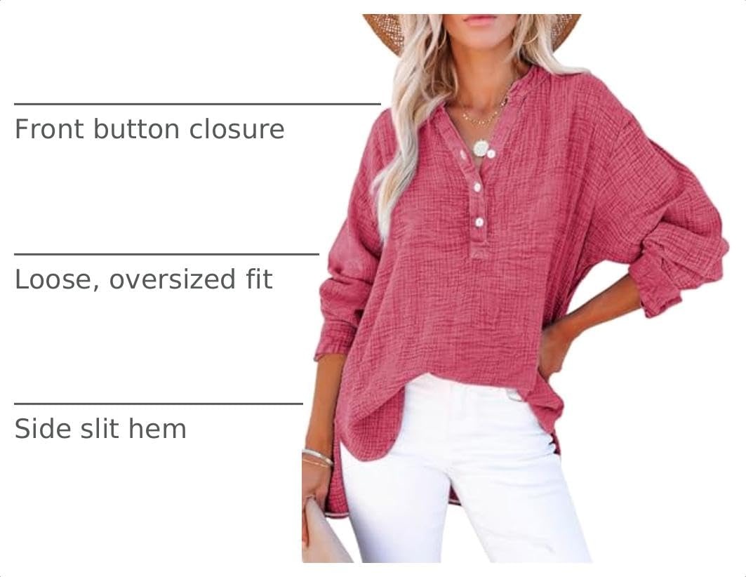 image:imageDokotoo Long Sleeve Shirts for Women Casual V Neck Oversized Blouses TopsRose Red