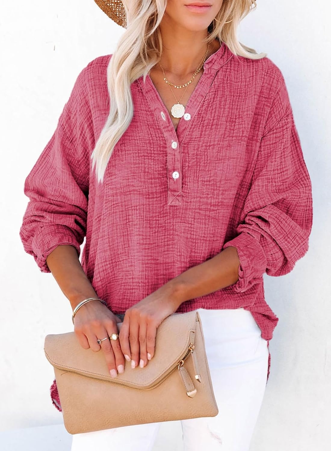 image:imageDokotoo Long Sleeve Shirts for Women Casual V Neck Oversized Blouses TopsRose Red
