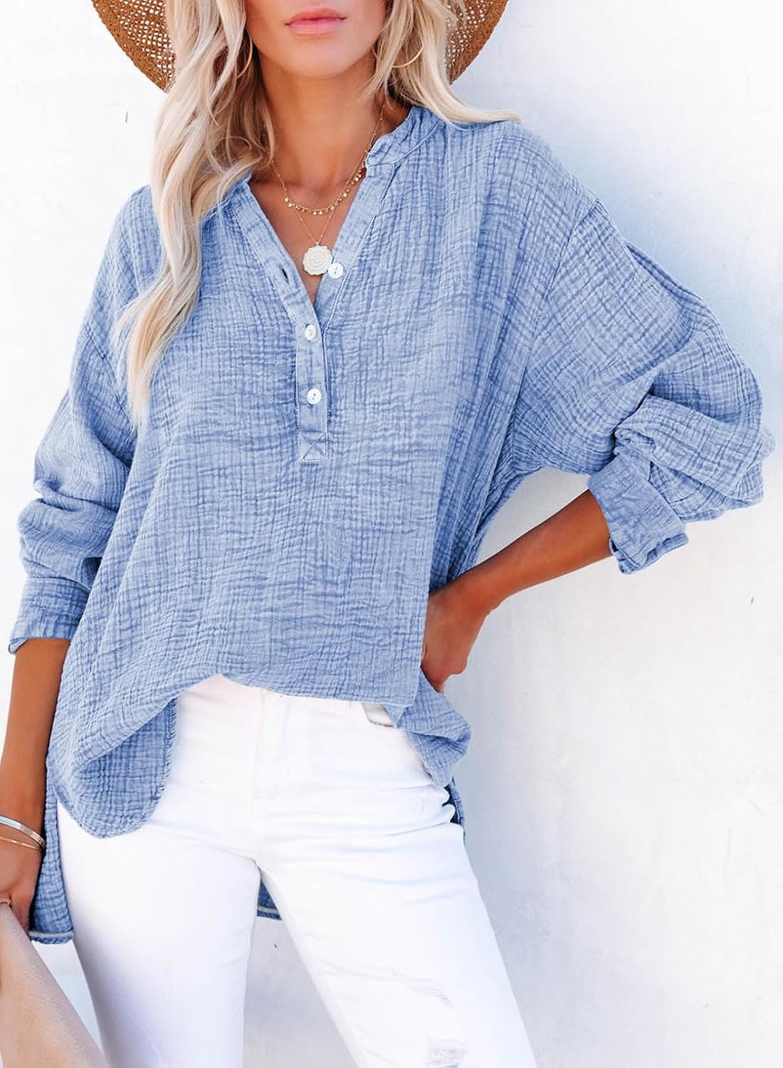 image:imageDokotoo Long Sleeve Shirts for Women Casual V Neck Oversized Blouses TopsSky Blue