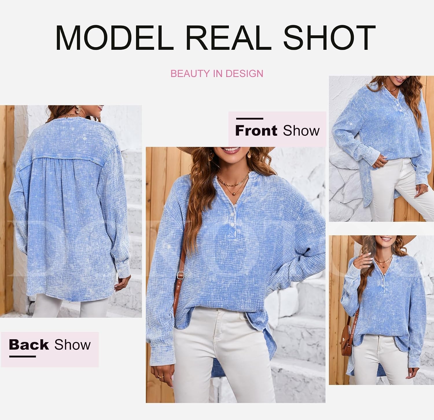 image:imageDokotoo Long Sleeve Shirts for Women Casual V Neck Oversized Blouses TopsSky Blue