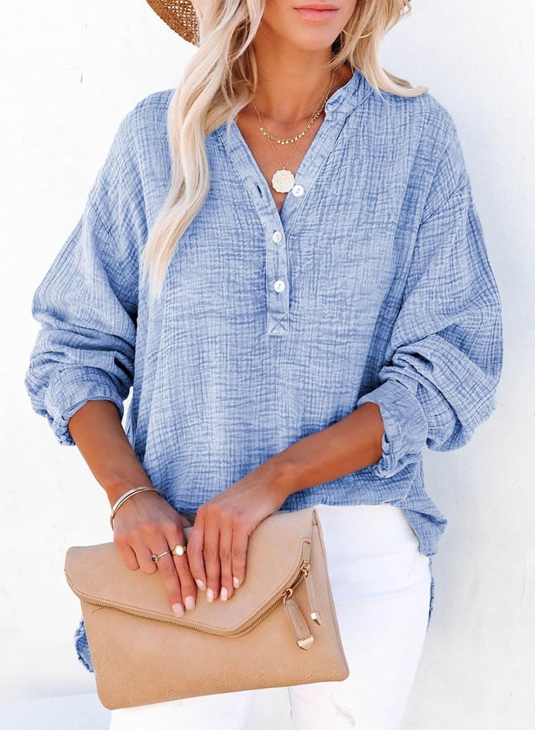image:imageDokotoo Long Sleeve Shirts for Women Casual V Neck Oversized Blouses TopsSky Blue