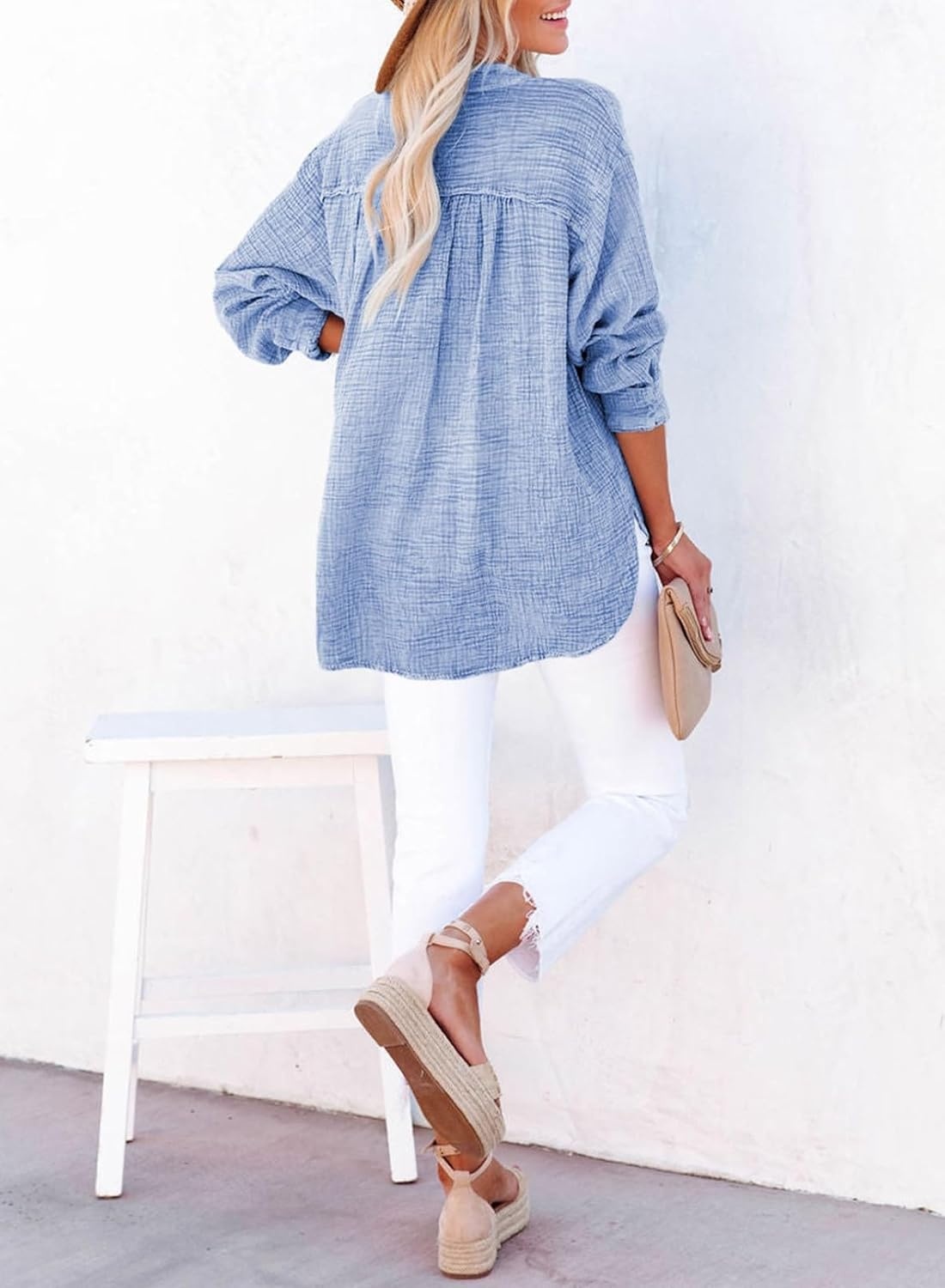 image:imageDokotoo Long Sleeve Shirts for Women Casual V Neck Oversized Blouses TopsSky Blue