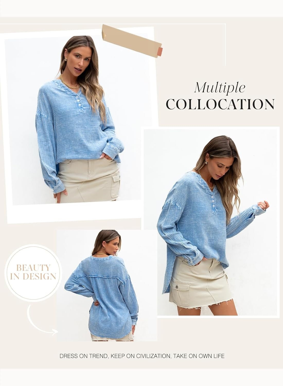 image:imageDokotoo Long Sleeve Shirts for Women Casual V Neck Oversized Blouses TopsSky Blue