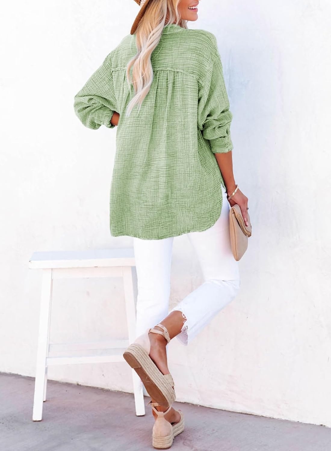 image:imageDokotoo Long Sleeve Shirts for Women Casual V Neck Oversized Blouses TopsSmoke Green