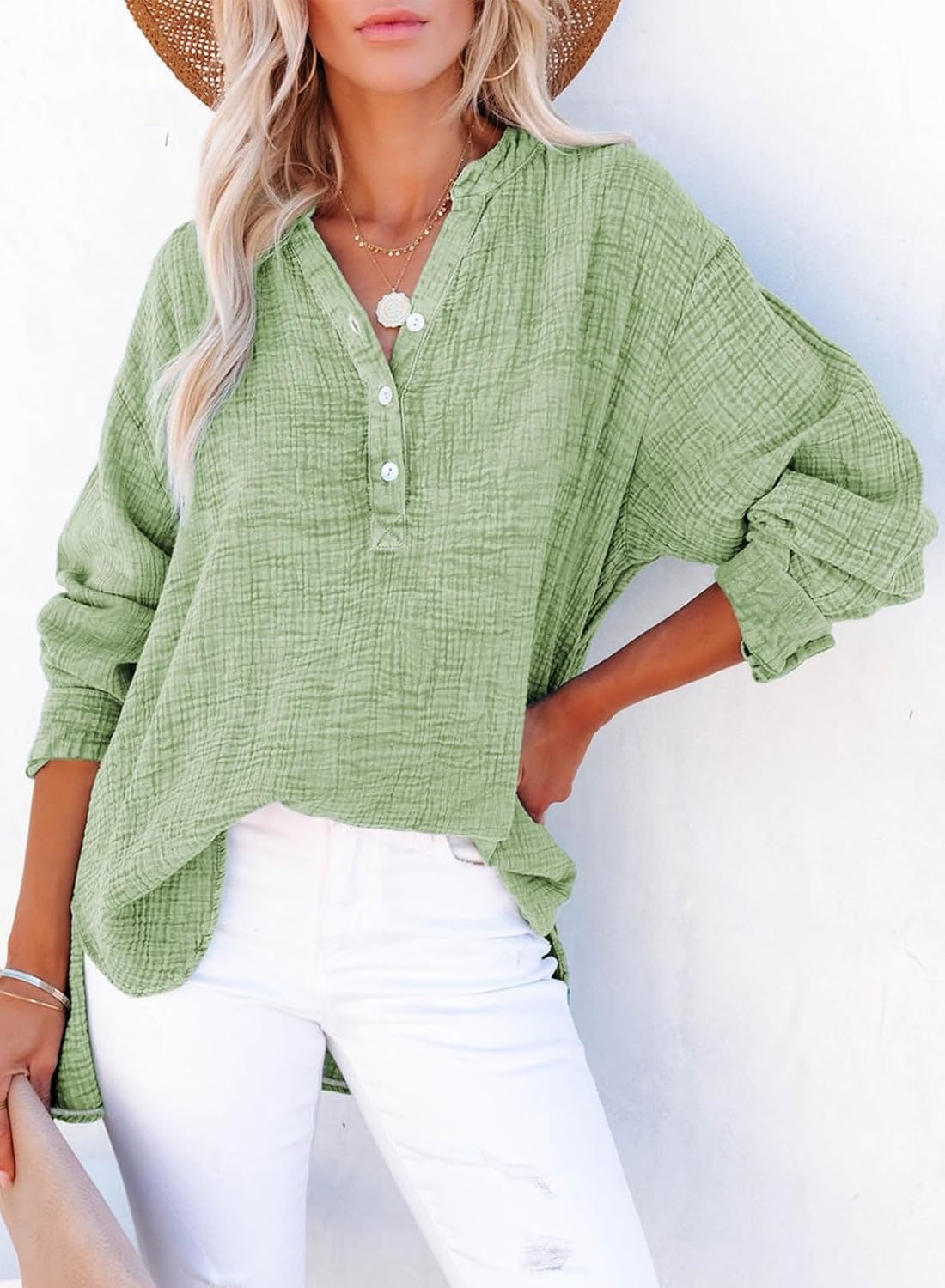 image:imageDokotoo Long Sleeve Shirts for Women Casual V Neck Oversized Blouses TopsSmoke Green