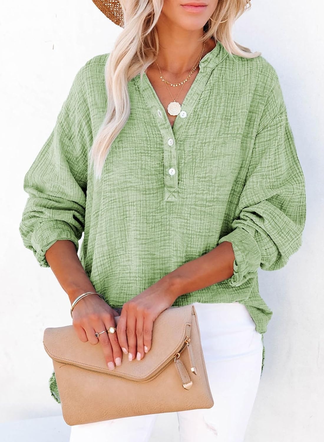 image:imageDokotoo Long Sleeve Shirts for Women Casual V Neck Oversized Blouses TopsSmoke Green