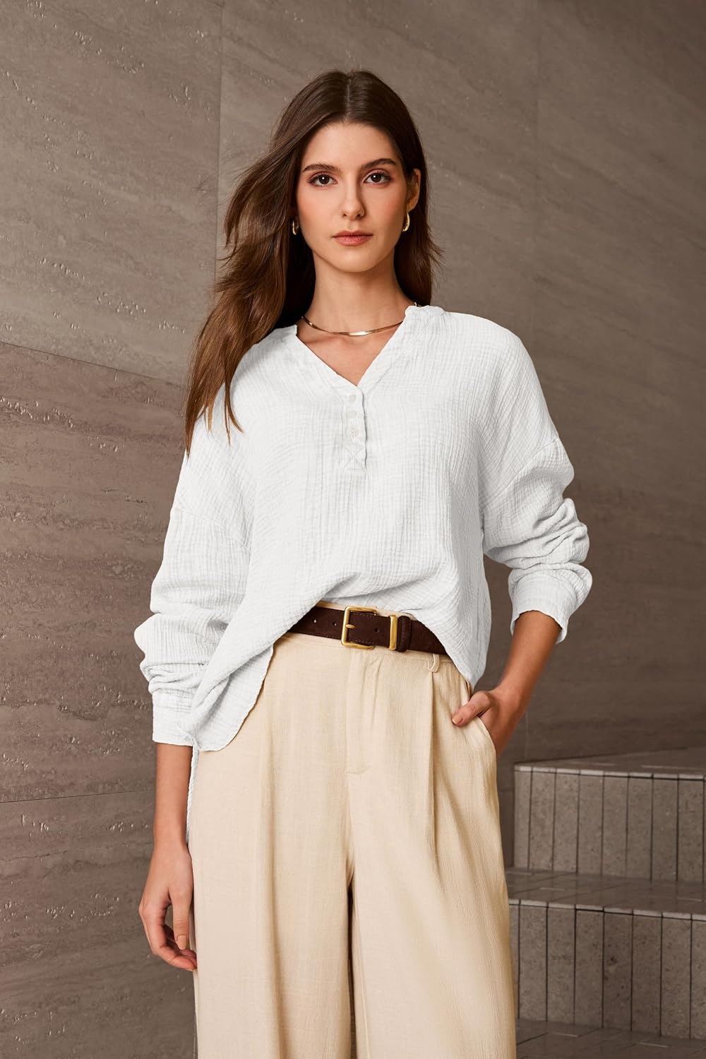 image:imageDokotoo Long Sleeve Shirts for Women Casual V Neck Oversized Blouses TopsWhite