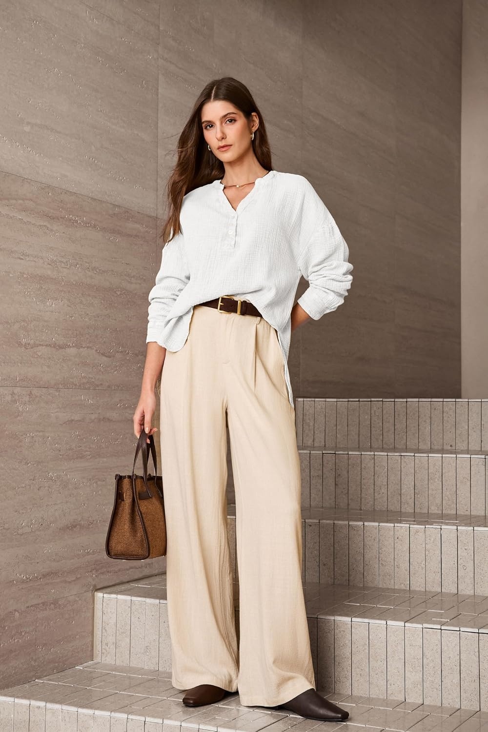 image:imageDokotoo Long Sleeve Shirts for Women Casual V Neck Oversized Blouses TopsWhite