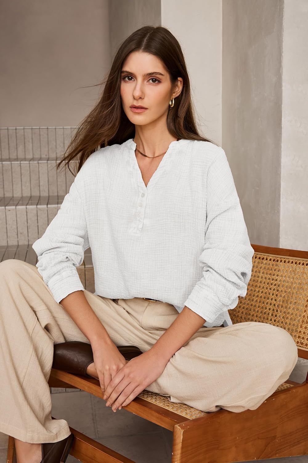 image:imageDokotoo Long Sleeve Shirts for Women Casual V Neck Oversized Blouses TopsWhite
