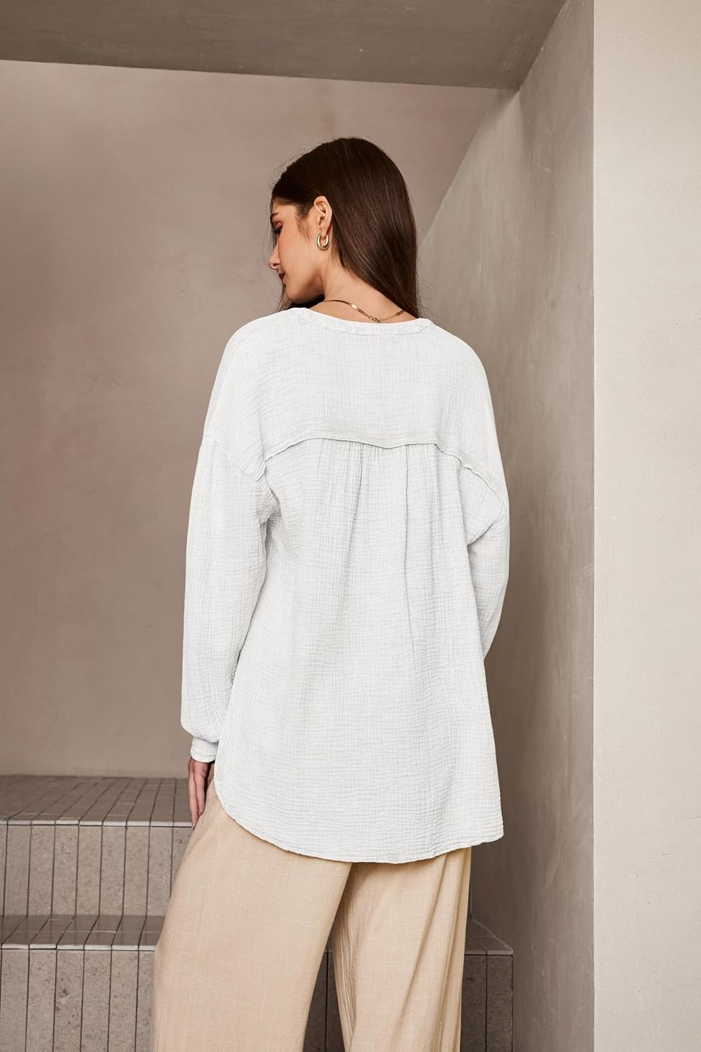 image:imageDokotoo Long Sleeve Shirts for Women Casual V Neck Oversized Blouses TopsWhite