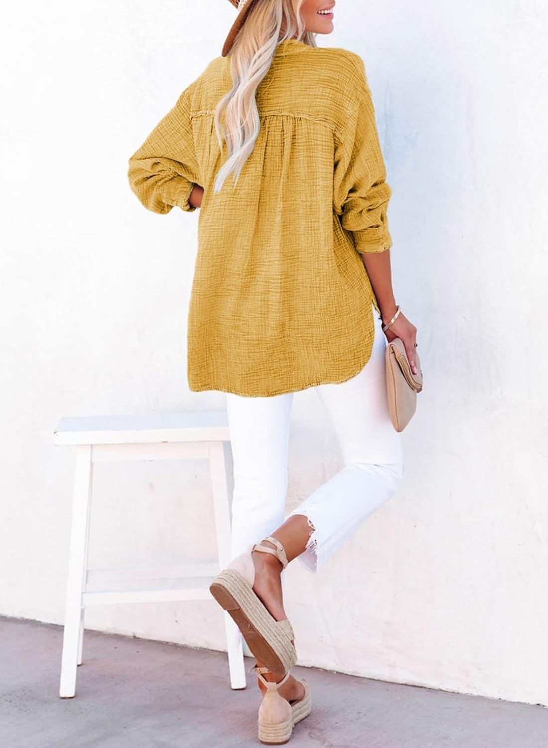image:imageDokotoo Long Sleeve Shirts for Women Casual V Neck Oversized Blouses TopsYellow