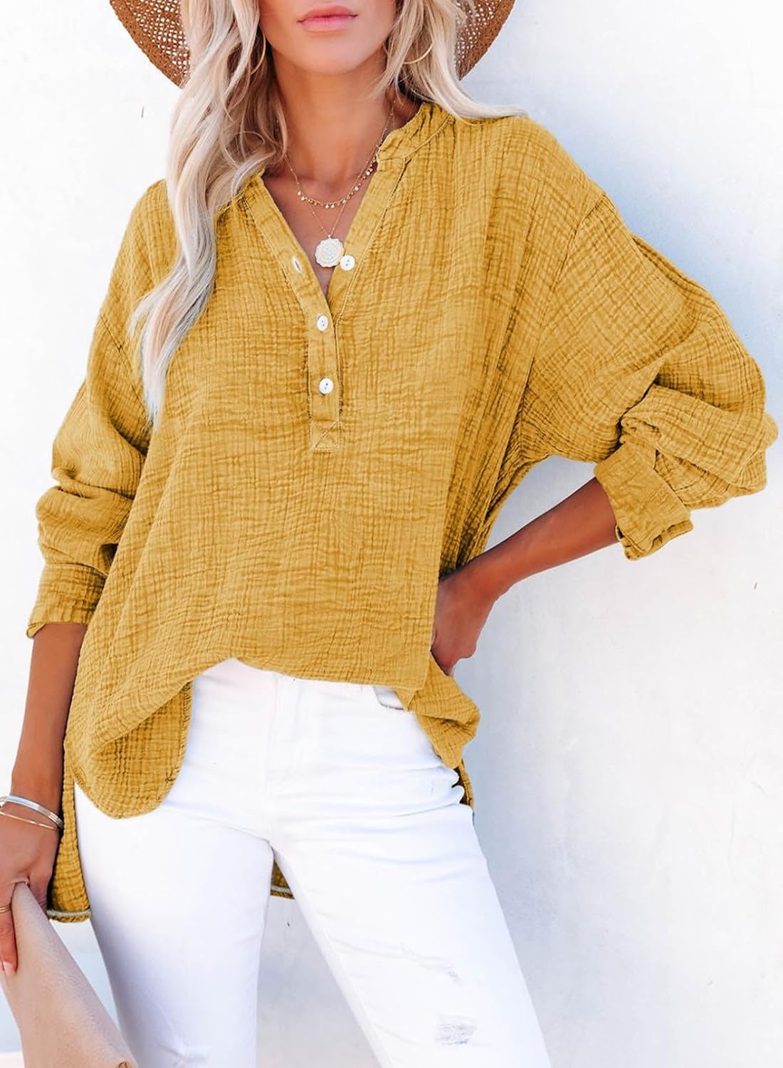 image:imageDokotoo Long Sleeve Shirts for Women Casual V Neck Oversized Blouses TopsYellow