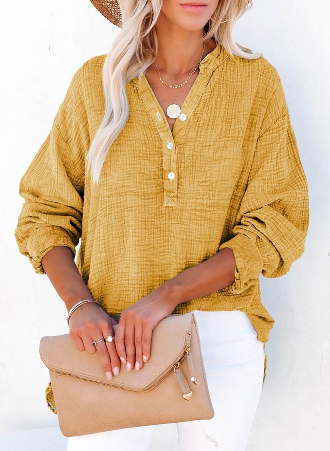 image:imageDokotoo Long Sleeve Shirts for Women Casual V Neck Oversized Blouses TopsYellow